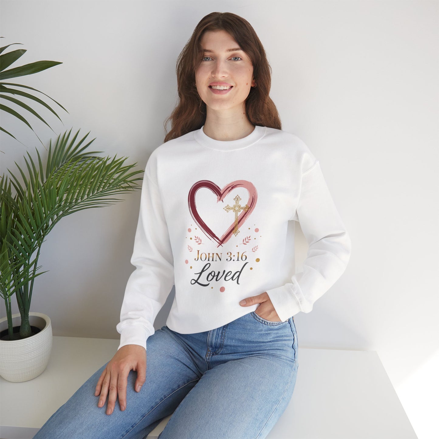 John 3:16 Loved Sweatshirt. Christian Heart Faith Crewneck