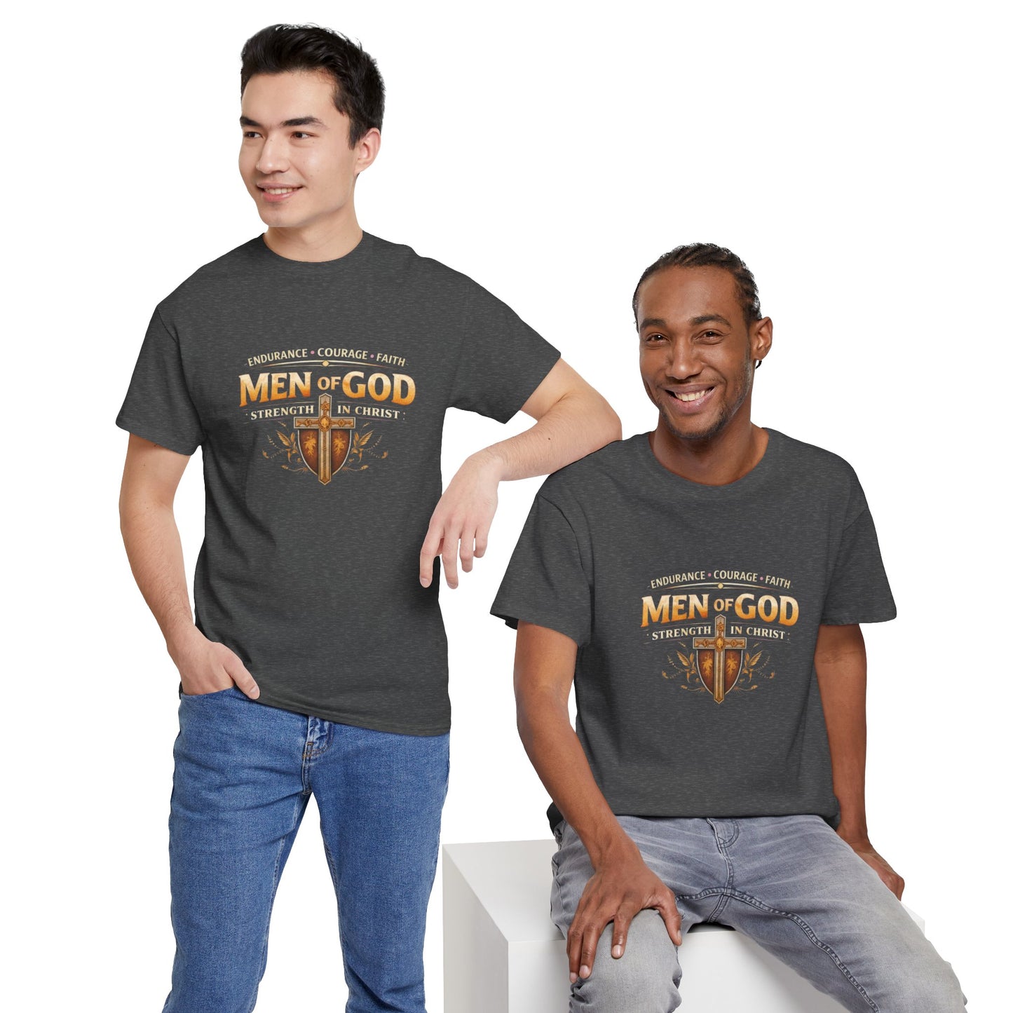 Men of God T-Shirt: Christian Faith Tee with 'Endurance • Courage • Faith' Shield Design
