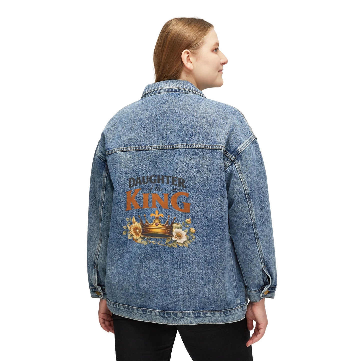 Denim Jacket "Daughter of the King" Floral Crown Back Graphic