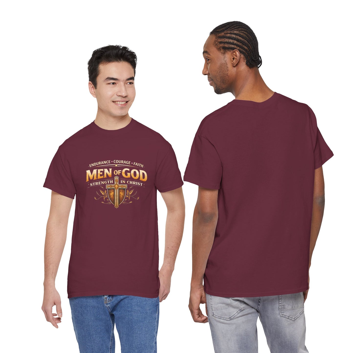 Men of God T-Shirt: Christian Faith Tee with 'Endurance • Courage • Faith' Shield Design