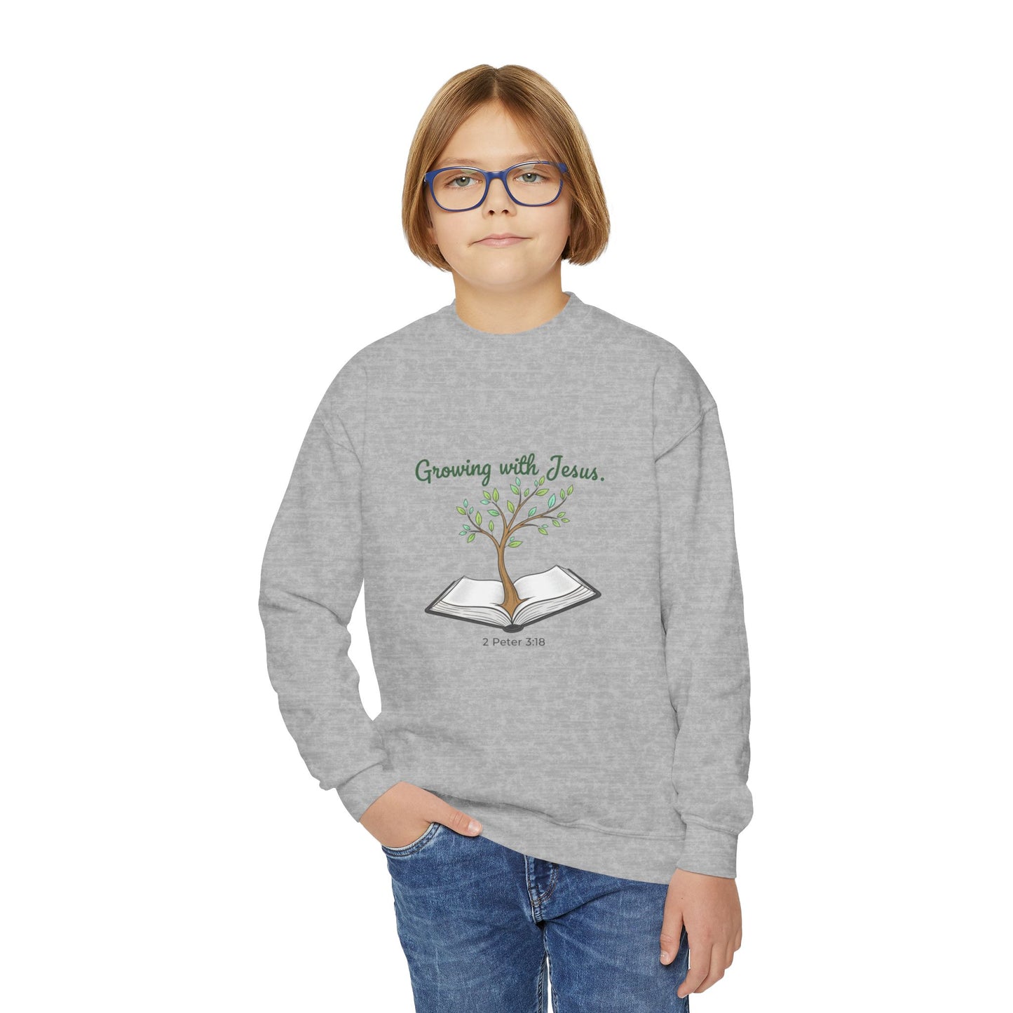 Youth Crewneck Sweatshirt Growing with Jesus Tree Over Bible