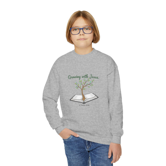 Youth Crewneck Sweatshirt Growing with Jesus Tree Over Bible