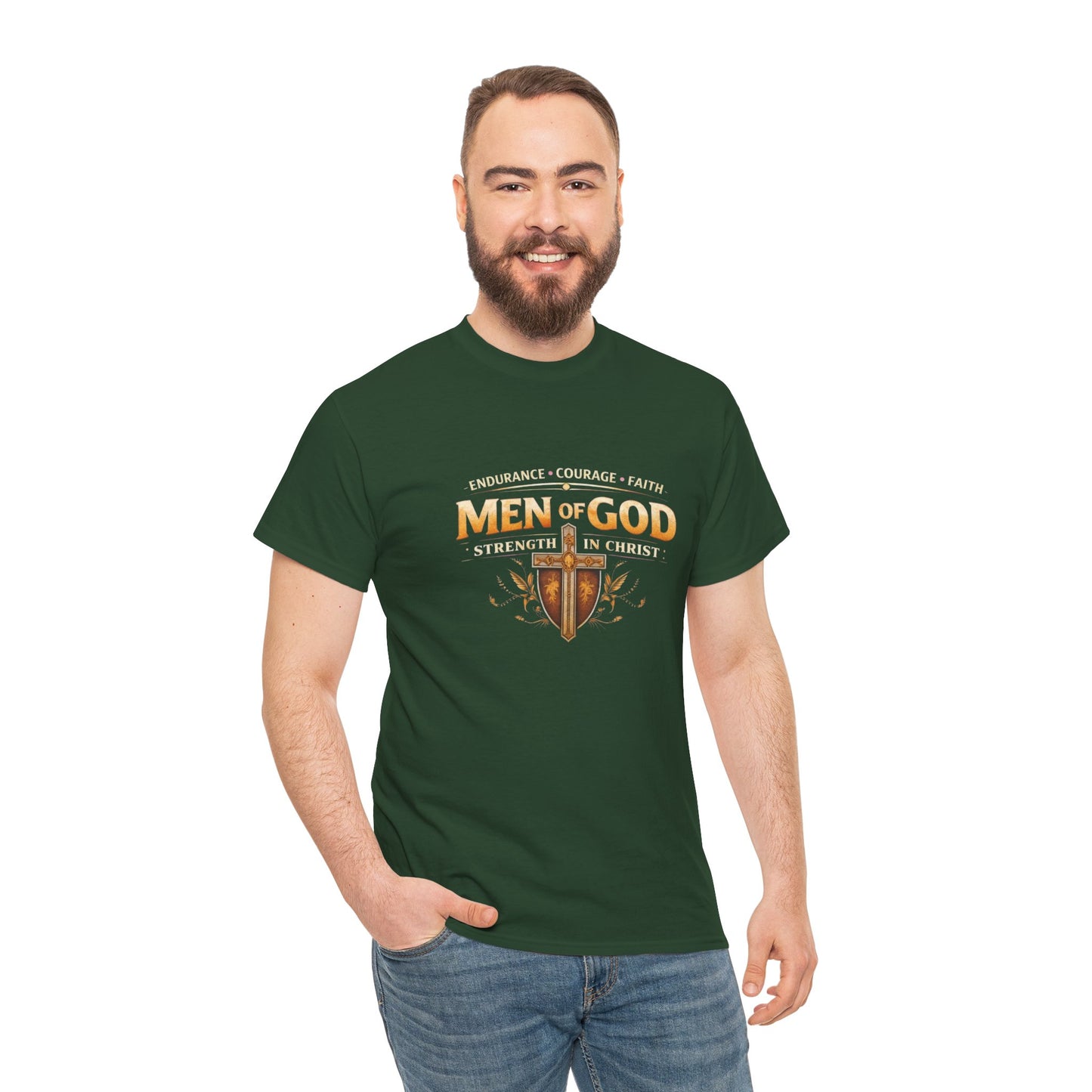 Men of God T-Shirt: Christian Faith Tee with 'Endurance • Courage • Faith' Shield Design