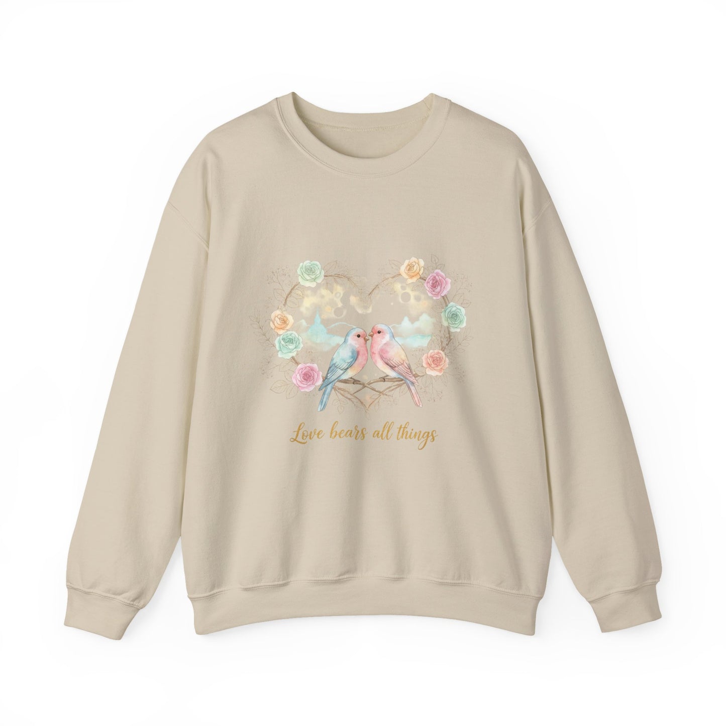 Crewneck Sweatshirt, Pastel Love Birds Floral Heart “Love bears all things”