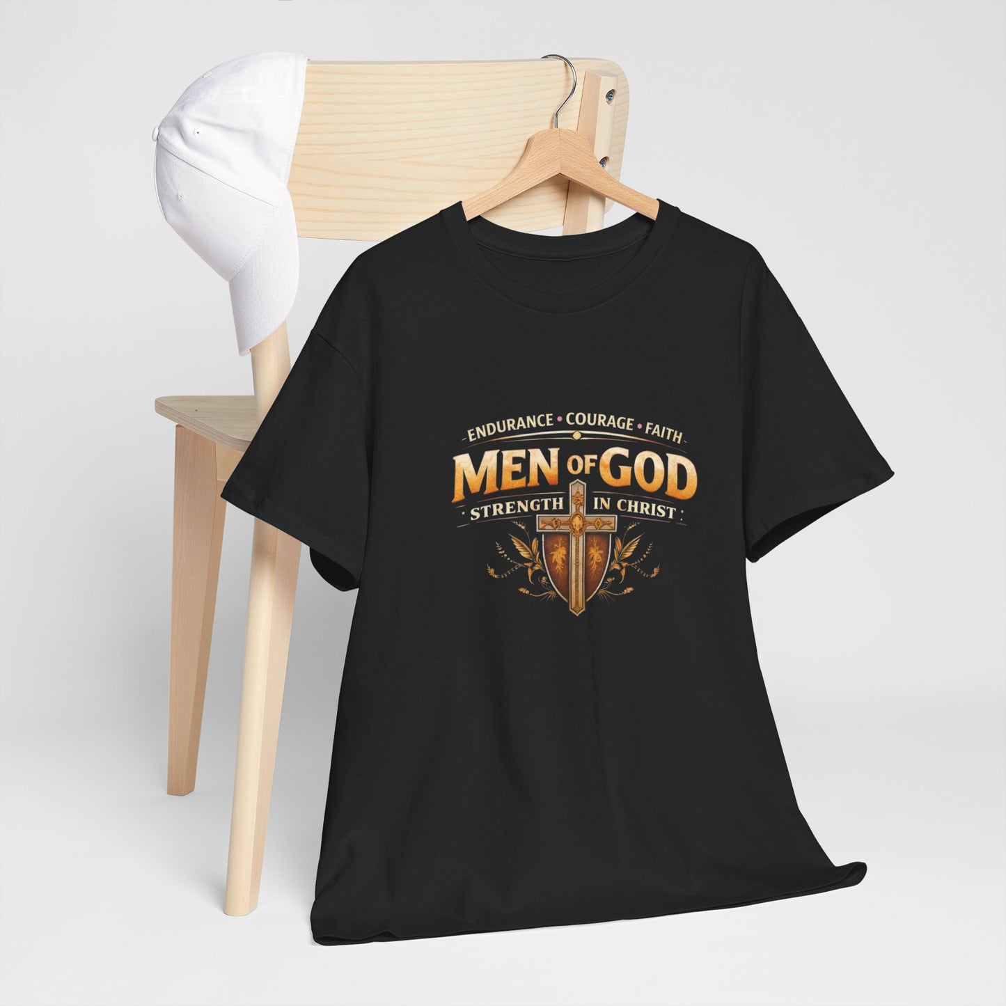 Men of God T-Shirt: Christian Faith Tee with 'Endurance • Courage • Faith' Shield Design