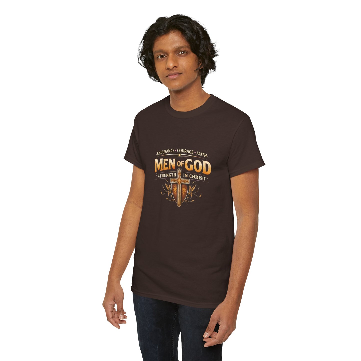 Men of God T-Shirt: Christian Faith Tee with 'Endurance • Courage • Faith' Shield Design