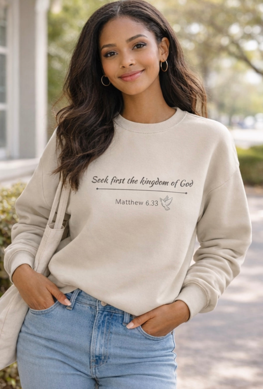 Seek First the Kingdom Sweatshirt; Matthew 6:33 Christian Crewneck