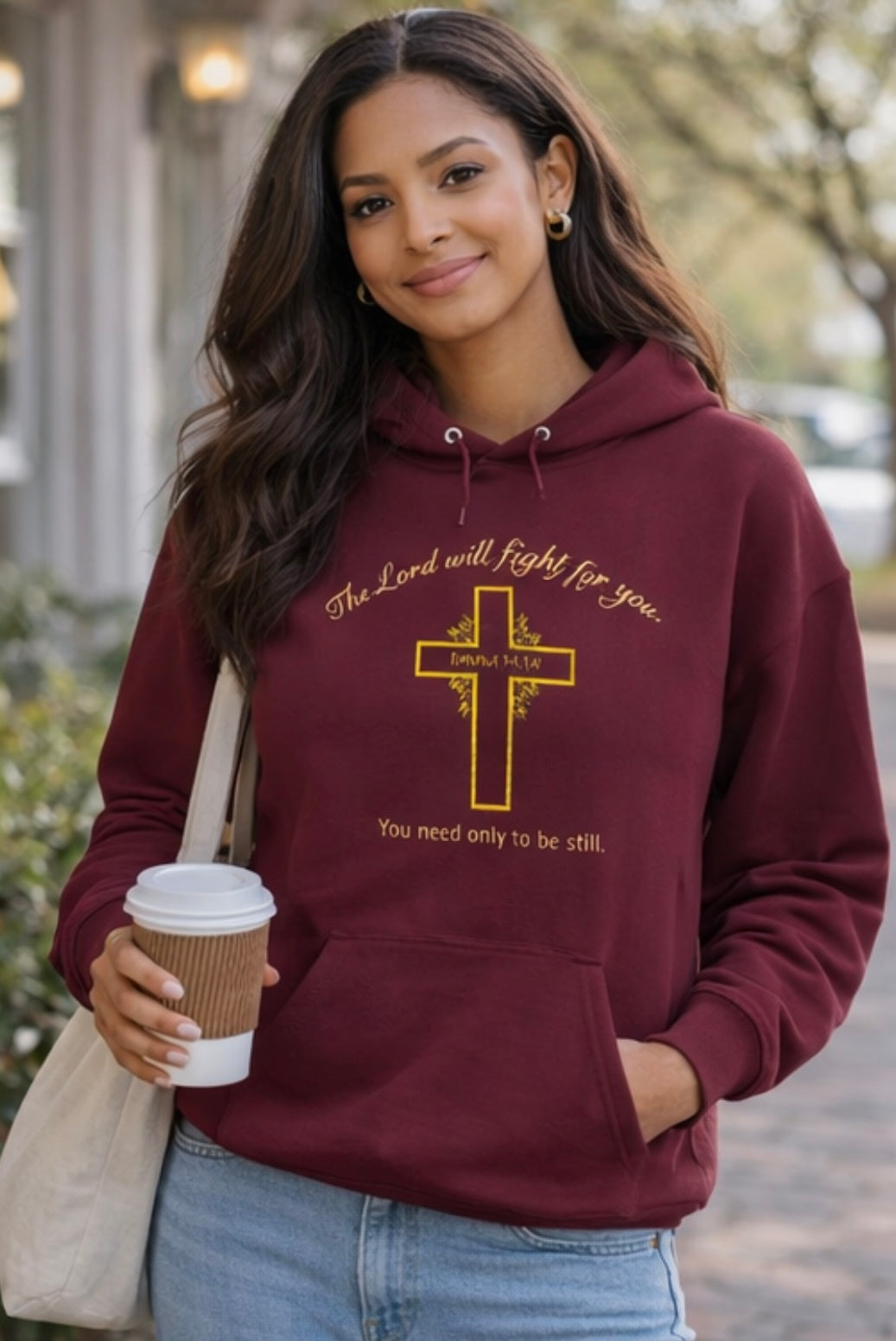 Christian Cross Hoodie  "The Lord will fight for you" Inspirational Faith Sweatshirt